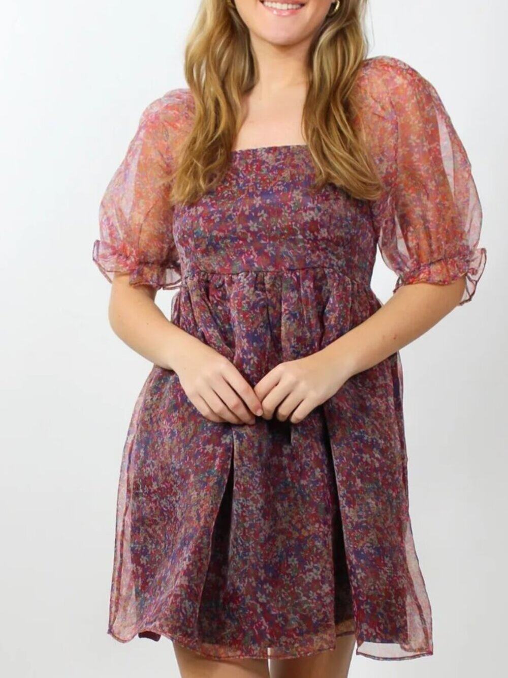 Flower Fields Babydoll Floral Puff Sleeve Mini Dress